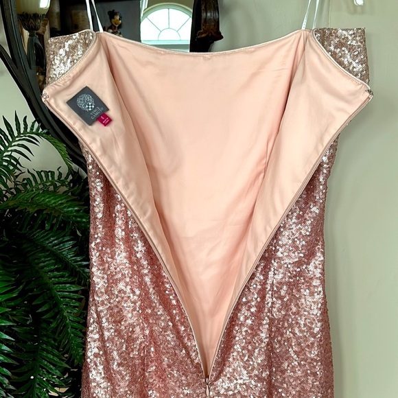 Vince Camuto Off Shoulder Coral Pink Ombre Sequin Dress Midi Sparkly Party - Picture 12 of 15